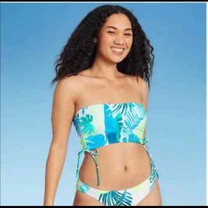 New White Palm Leaf Strapless Bandeau Bikini Set XS 00